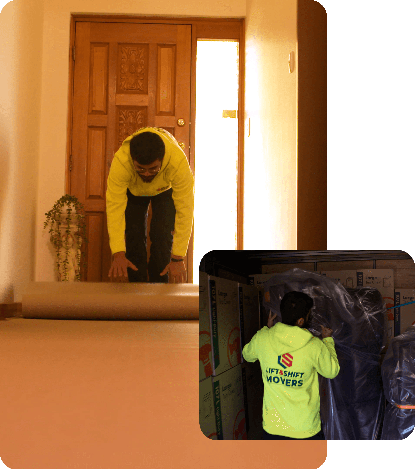 Removalist laying the protective covering on a floor